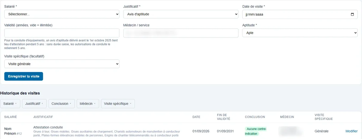Capture d'écran de CompéScope : formulaire d'enregistrement d'une visite médicale et historique montrant une attestation d'absence de contre-indication valable 5 ans pour la conduite de plusieurs équipements.